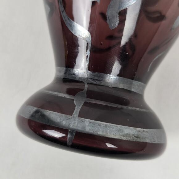 Vintage Amethyst Hand Blown Glass Vase Floral Silver Overlay 5.5" Purple Flowers - Picture 8 of 12